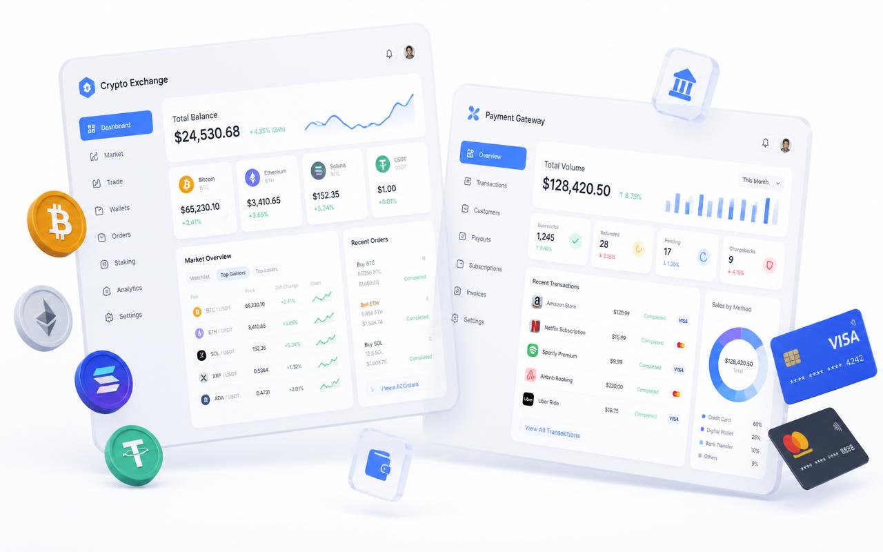 Crypto exchange and payment gateway dashboards