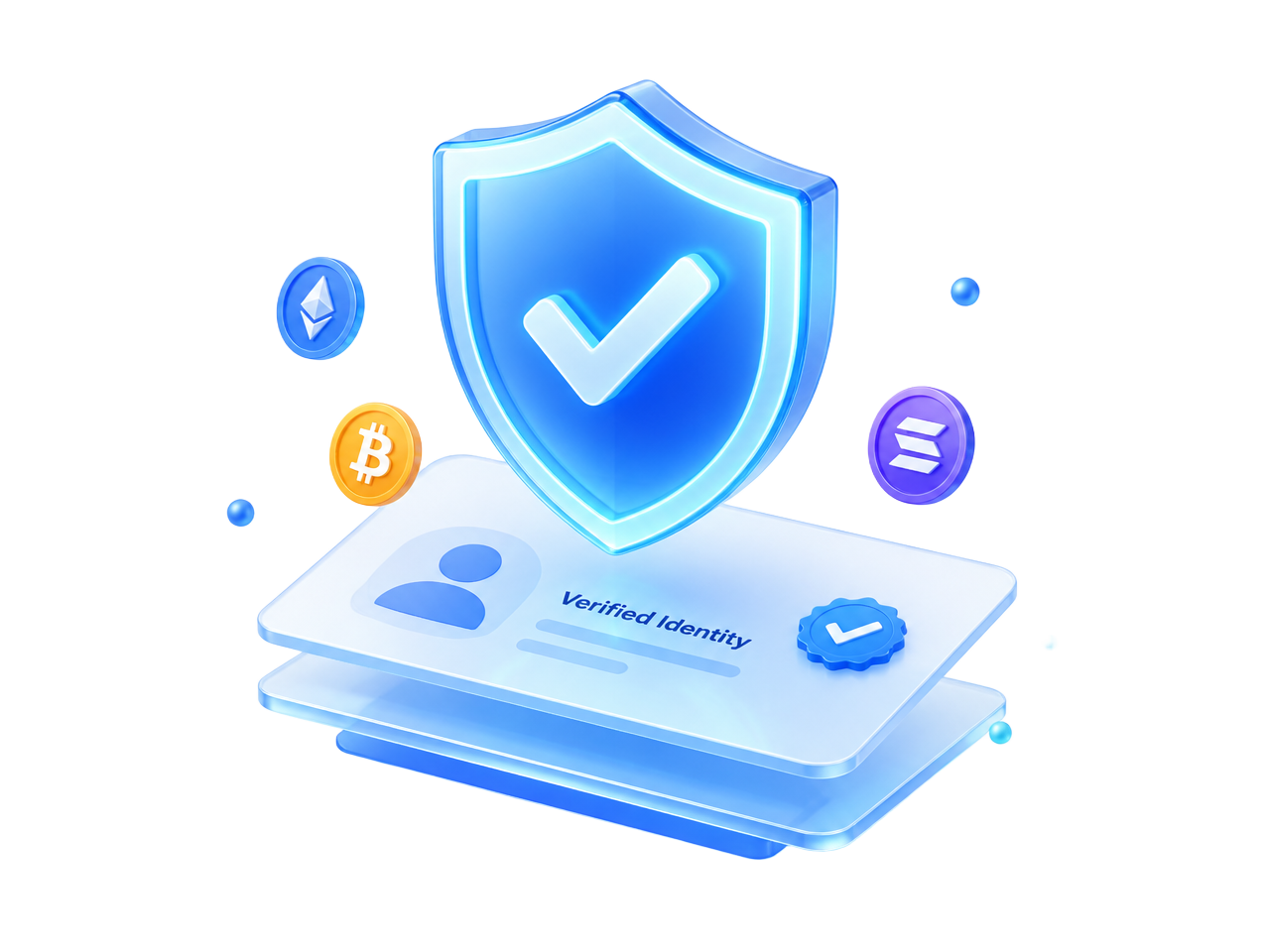 Verified account shield with crypto coins and identity card